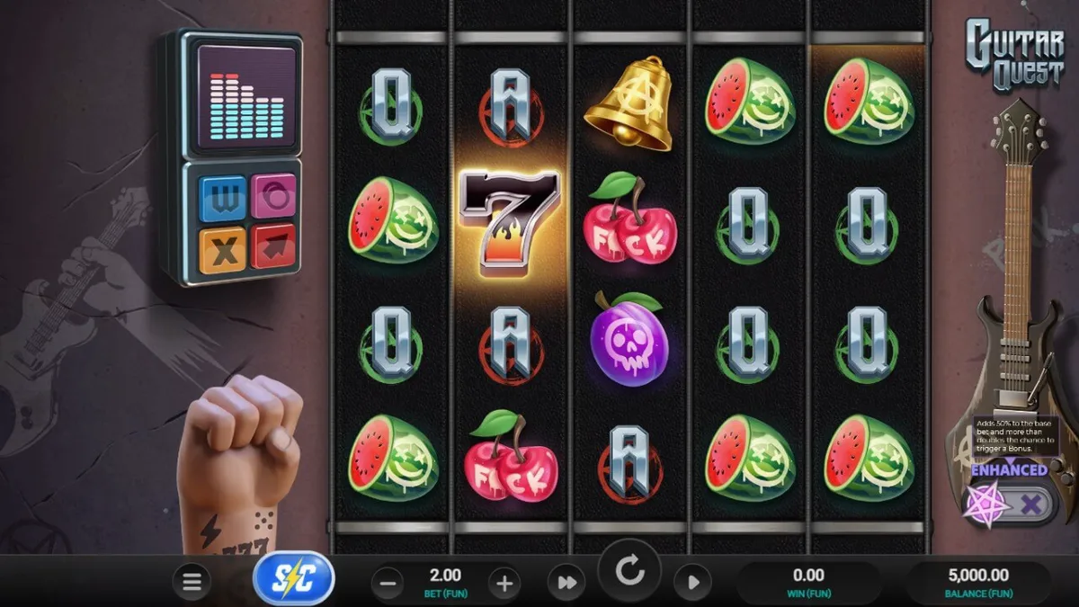 Tampilan visual slot Guitar Quest dengan nuansa garasi rock